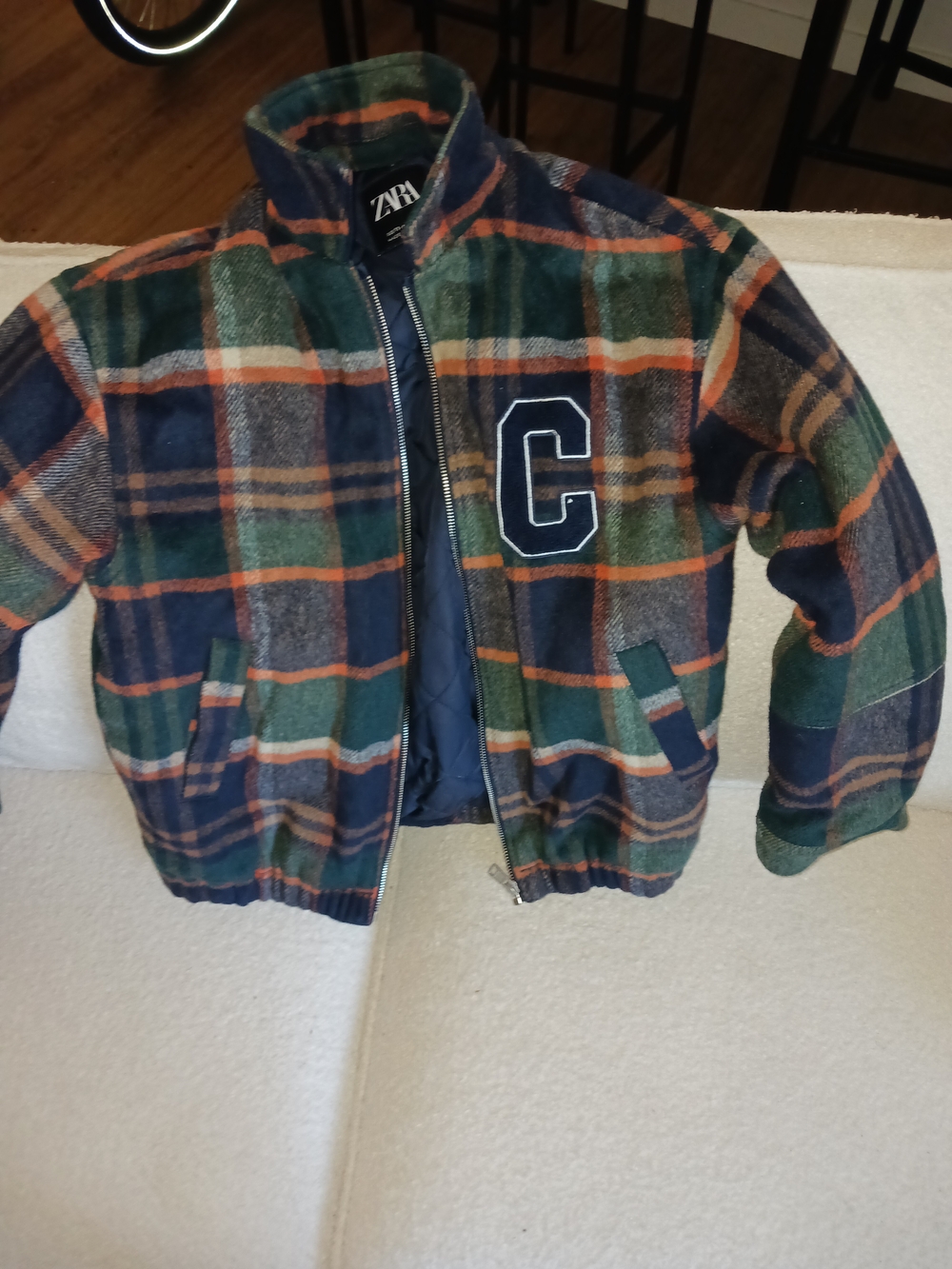 Zara Plaid Bomber Jacket in Green, Navy & Orange